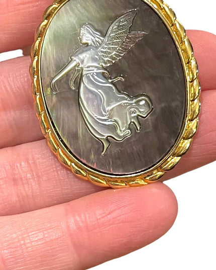 Vintage gold finish Angel Abalone carved Cameo pendant brooch