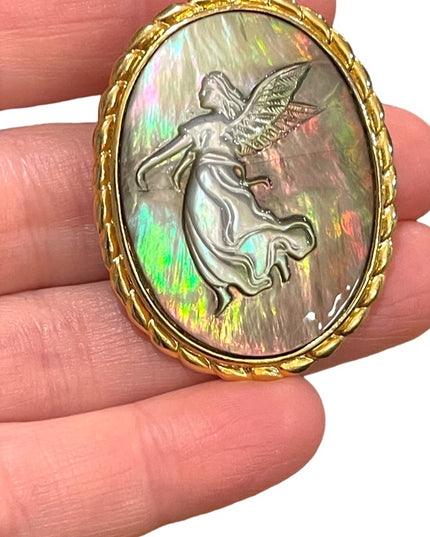 Vintage gold finish Angel Abalone carved Cameo pendant brooch