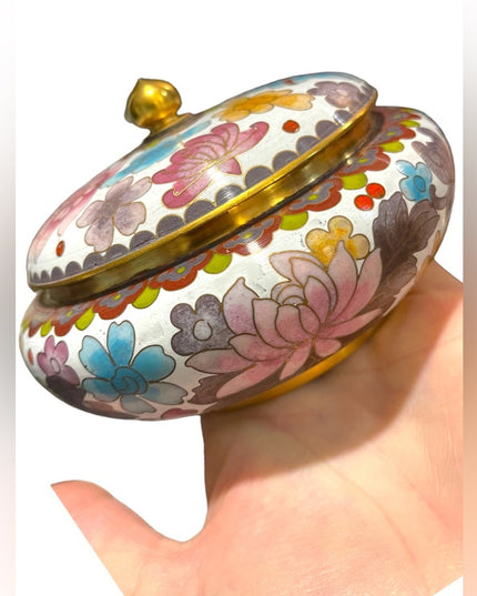 JINGFA chinese Cloissone Brass painted metal trinket bowl & lid
