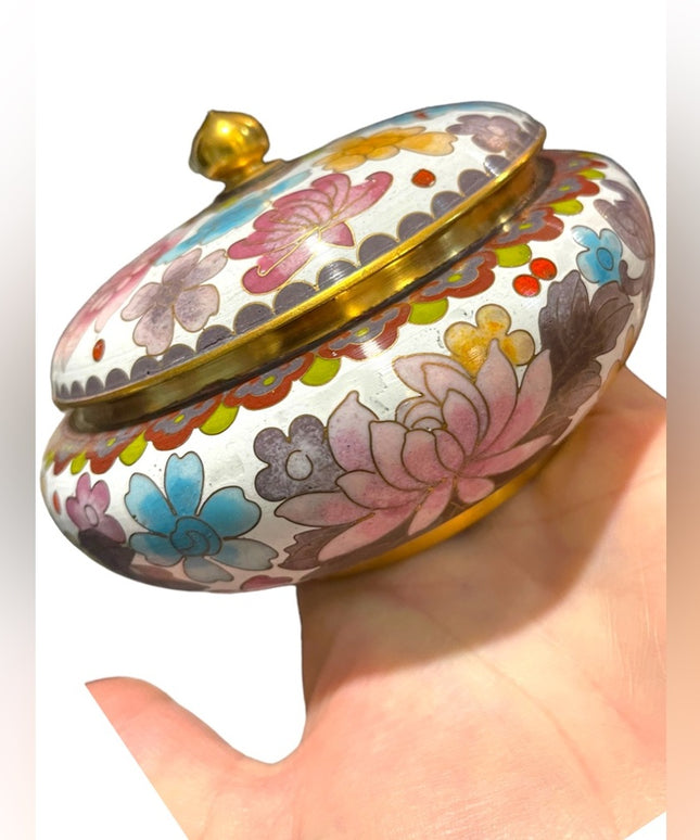 JINGFA chinese Cloissone Brass painted metal trinket bowl & lid