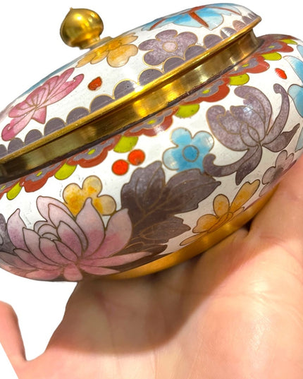 JINGFA chinese Cloissone Brass painted metal trinket bowl & lid