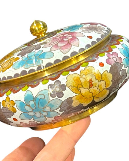 JINGFA chinese Cloissone Brass painted metal trinket bowl & lid