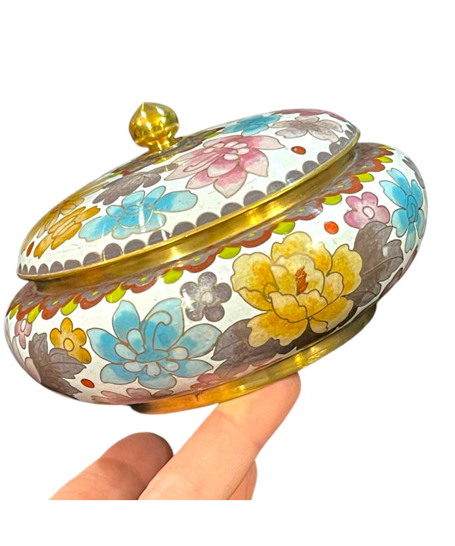 JINGFA chinese Cloissone Brass painted metal trinket bowl & lid