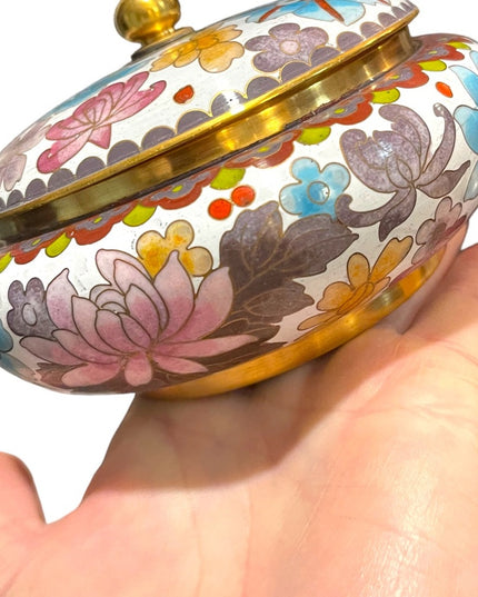JINGFA chinese Cloissone Brass painted metal trinket bowl & lid