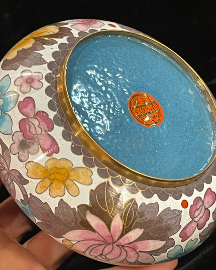 JINGFA chinese Cloissone Brass painted metal trinket bowl & lid