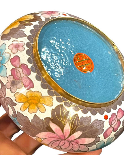 JINGFA chinese Cloissone Brass painted metal trinket bowl & lid