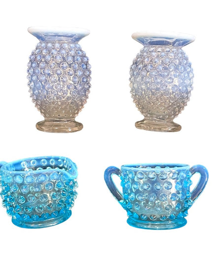 Vintage FENTON Hobnail LOT Opalescent vases & blue cream & sugar glass collect
