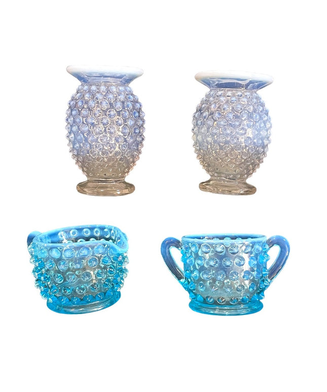Vintage FENTON Hobnail LOT Opalescent vases & blue cream & sugar glass collect