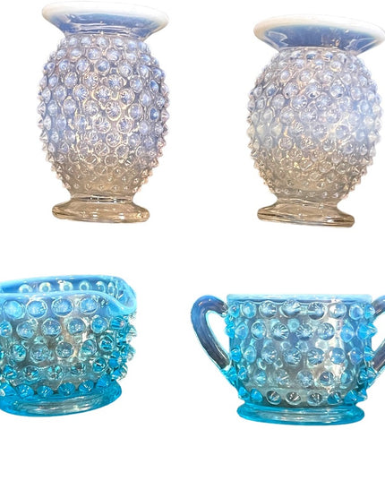 Vintage FENTON Hobnail LOT Opalescent vases & blue cream & sugar glass collect