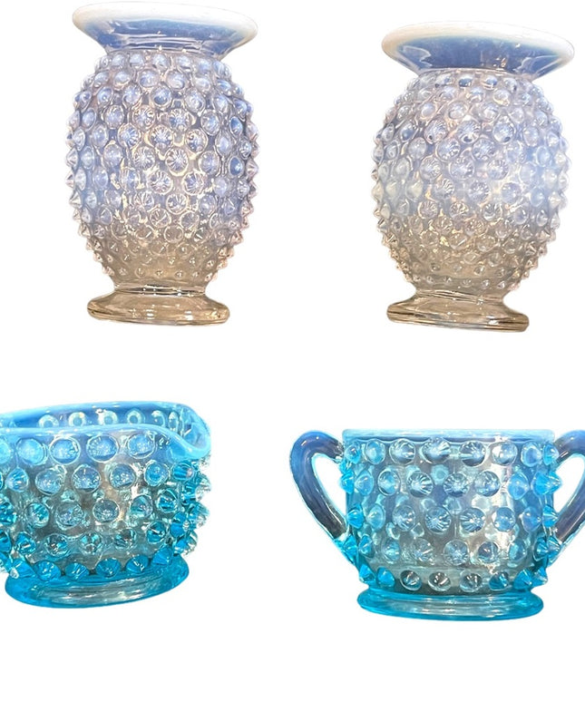 Vintage FENTON Hobnail LOT Opalescent vases & blue cream & sugar glass collect