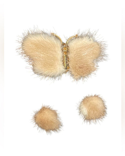 Vintage Mid century Mink fur Crystal butterfly brooch & clip on earrings set