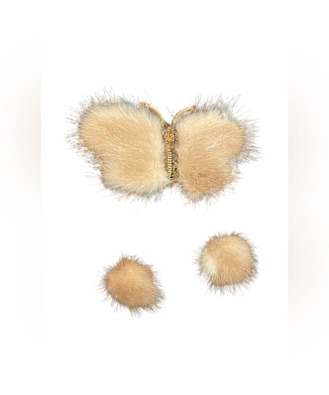 Vintage Mid century Mink fur Crystal butterfly brooch & clip on earrings set
