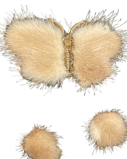 Vintage Mid century Mink fur Crystal butterfly brooch & clip on earrings set