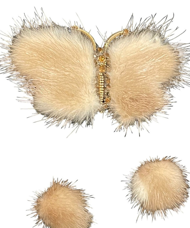Vintage Mid century Mink fur Crystal butterfly brooch & clip on earrings set