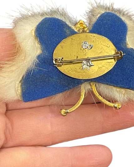 Vintage Mid century Mink fur Crystal butterfly brooch & clip on earrings set
