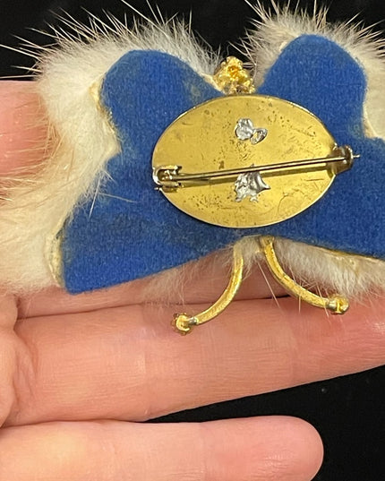 Vintage Mid century Mink fur Crystal butterfly brooch & clip on earrings set