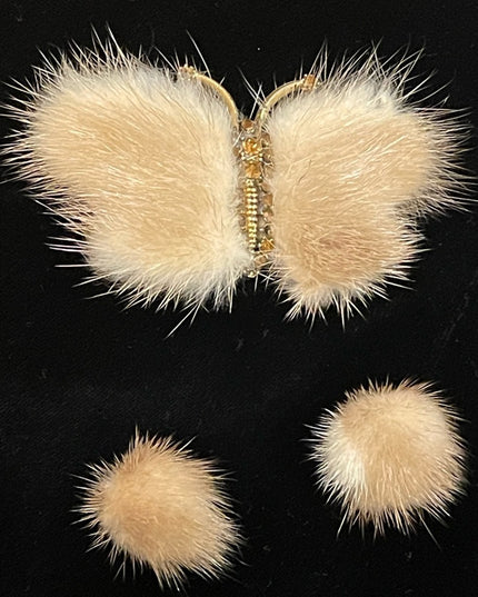 Vintage Mid century Mink fur Crystal butterfly brooch & clip on earrings set