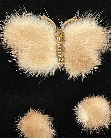 Vintage Mid century Mink fur Crystal butterfly brooch & clip on earrings set