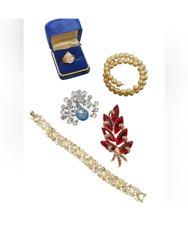 LOT of vintage jewelry crystal peacock ring bracelet broochs
