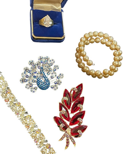 LOT of vintage jewelry crystal peacock ring bracelet broochs
