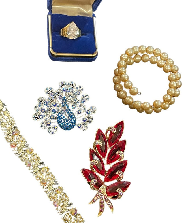 LOT of vintage jewelry crystal peacock ring bracelet broochs
