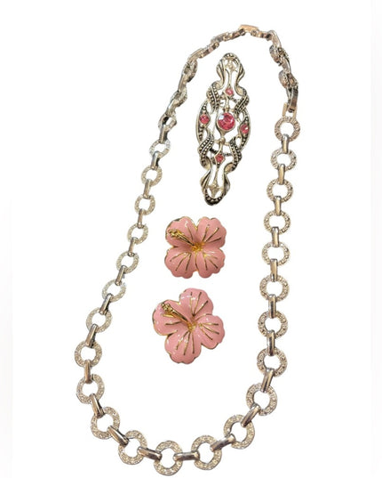 Lovely JEWELRY Lot pink flower rhinestone necklace pink crystal fabcy brooch