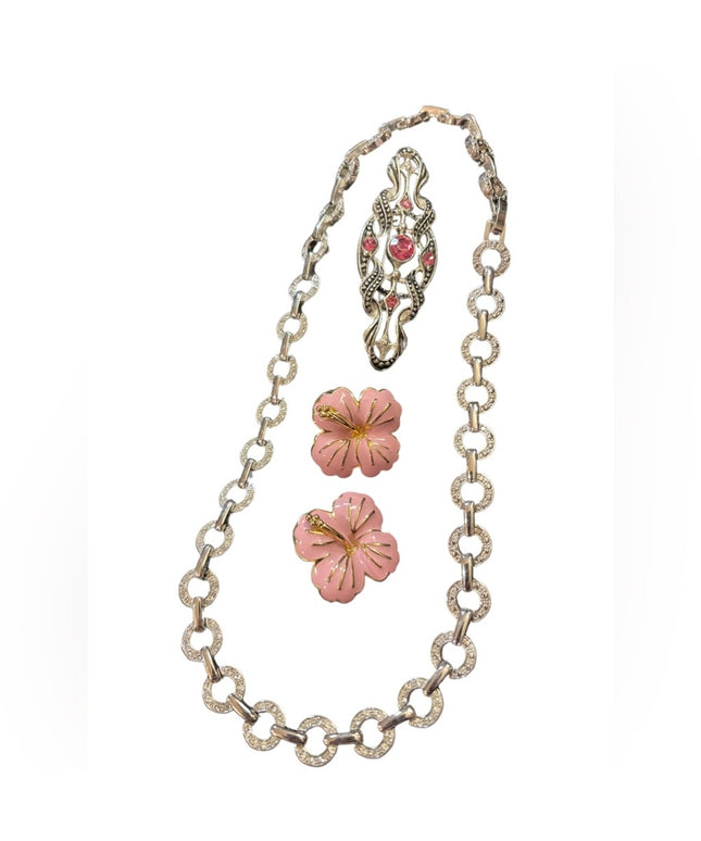 Lovely JEWELRY Lot pink flower rhinestone necklace pink crystal fabcy brooch