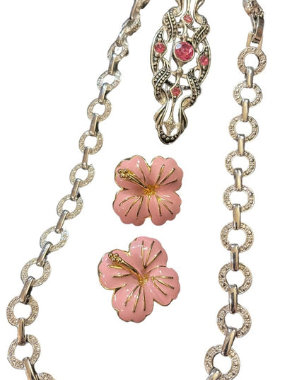 Lovely JEWELRY Lot pink flower rhinestone necklace pink crystal fabcy brooch