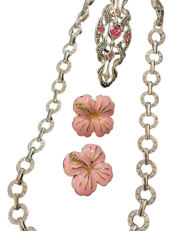 Lovely JEWELRY Lot pink flower rhinestone necklace pink crystal fabcy brooch