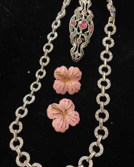 Lovely JEWELRY Lot pink flower rhinestone necklace pink crystal fabcy brooch