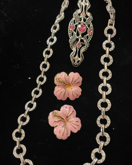 Lovely JEWELRY Lot pink flower rhinestone necklace pink crystal fabcy brooch