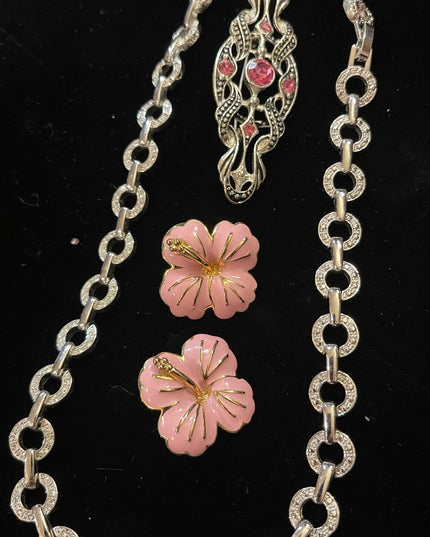 Lovely JEWELRY Lot pink flower rhinestone necklace pink crystal fabcy brooch
