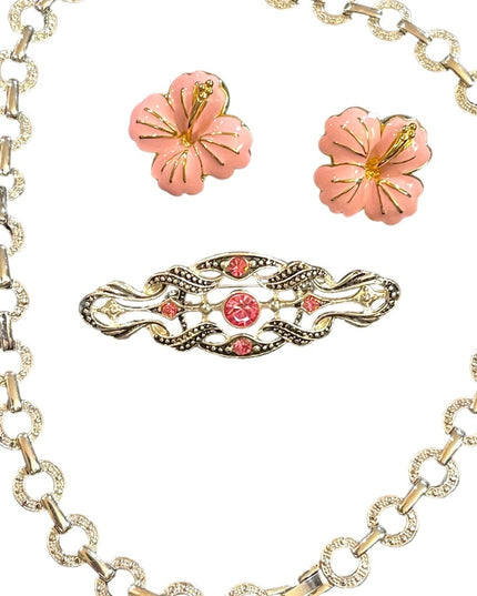Lovely JEWELRY Lot pink flower rhinestone necklace pink crystal fabcy brooch