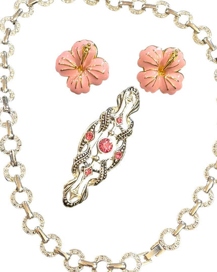 Lovely JEWELRY Lot pink flower rhinestone necklace pink crystal fabcy brooch