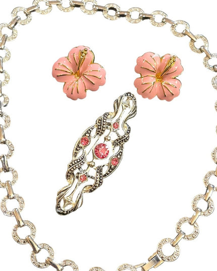 Lovely JEWELRY Lot pink flower rhinestone necklace pink crystal fabcy brooch