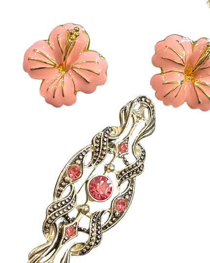 Lovely JEWELRY Lot pink flower rhinestone necklace pink crystal fabcy brooch