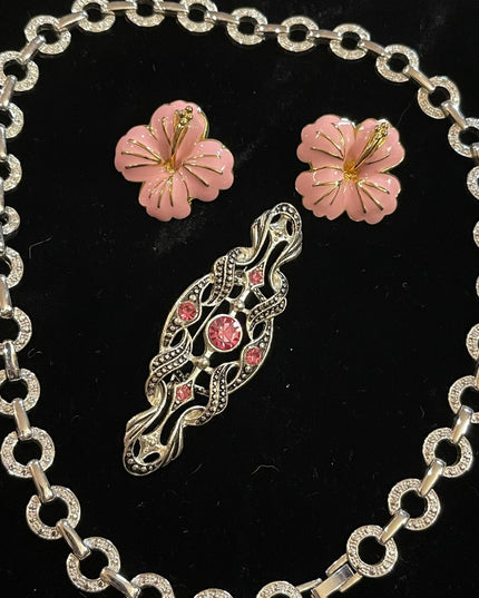 Lovely JEWELRY Lot pink flower rhinestone necklace pink crystal fabcy brooch