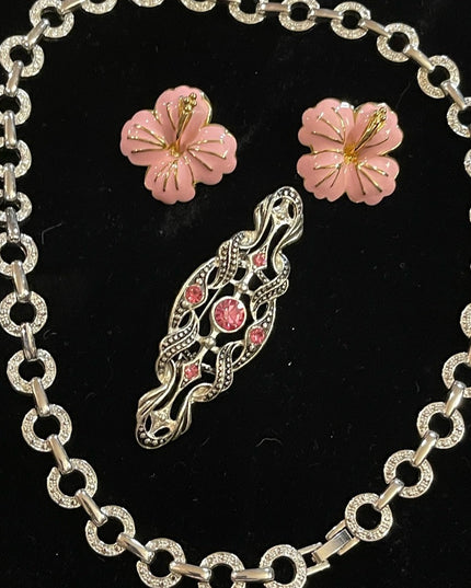 Lovely JEWELRY Lot pink flower rhinestone necklace pink crystal fabcy brooch