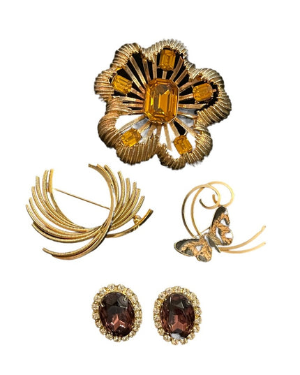 Vintage gold finish Jewelry lot, fancy crystal earrings & brooches