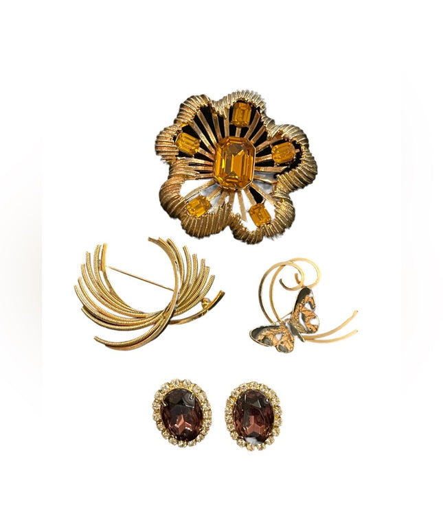 Vintage gold finish Jewelry lot, fancy crystal earrings & brooches