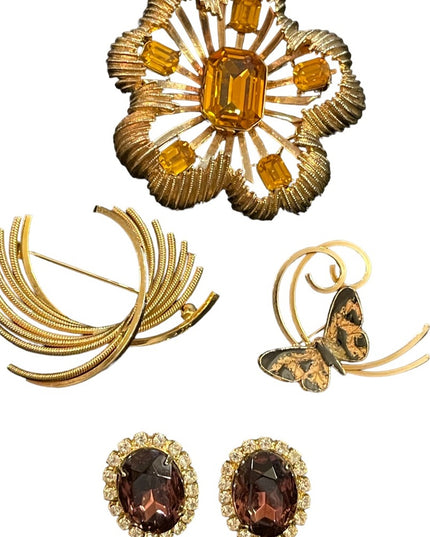 Vintage gold finish Jewelry lot, fancy crystal earrings & brooches