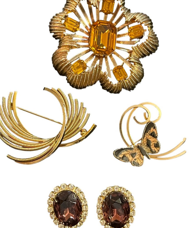 Vintage gold finish Jewelry lot, fancy crystal earrings & brooches