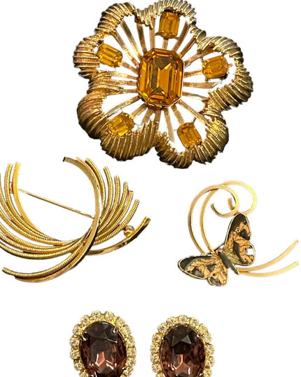 Vintage gold finish Jewelry lot, fancy crystal earrings & brooches