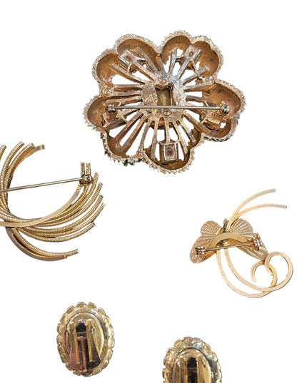 Vintage gold finish Jewelry lot, fancy crystal earrings & brooches