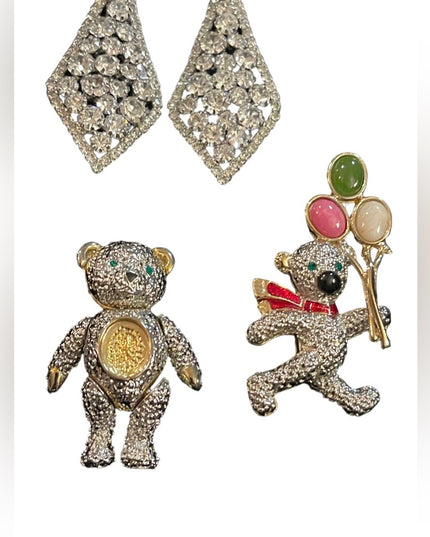 Vintage rhinestone jewelry LOT crystals Dangle earrings Teddy bears pendant