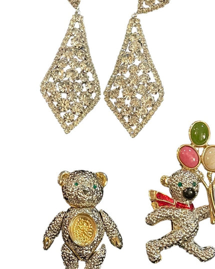 Vintage rhinestone jewelry LOT crystals Dangle earrings Teddy bears pendant