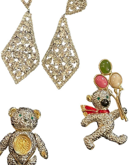 Vintage rhinestone jewelry LOT crystals Dangle earrings Teddy bears pendant