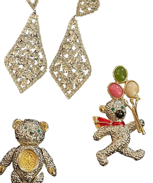 Vintage rhinestone jewelry LOT crystals Dangle earrings Teddy bears pendant