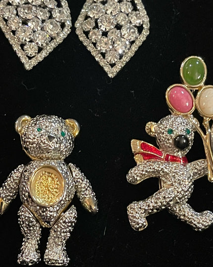 Vintage rhinestone jewelry LOT crystals Dangle earrings Teddy bears pendant