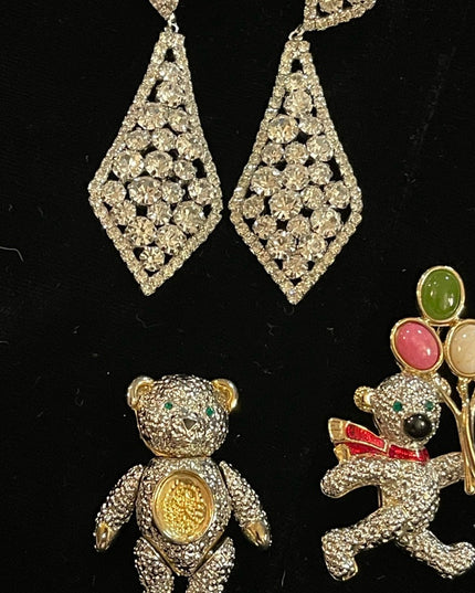 Vintage rhinestone jewelry LOT crystals Dangle earrings Teddy bears pendant
